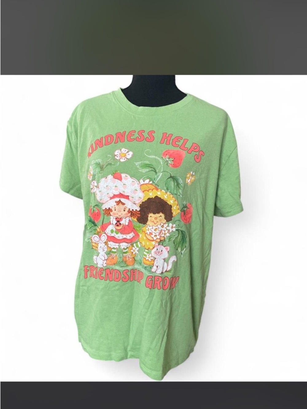 Strawberry Shortcake Graphic Tee Green “Kindness Helps Friendship Grow” Kawaii
